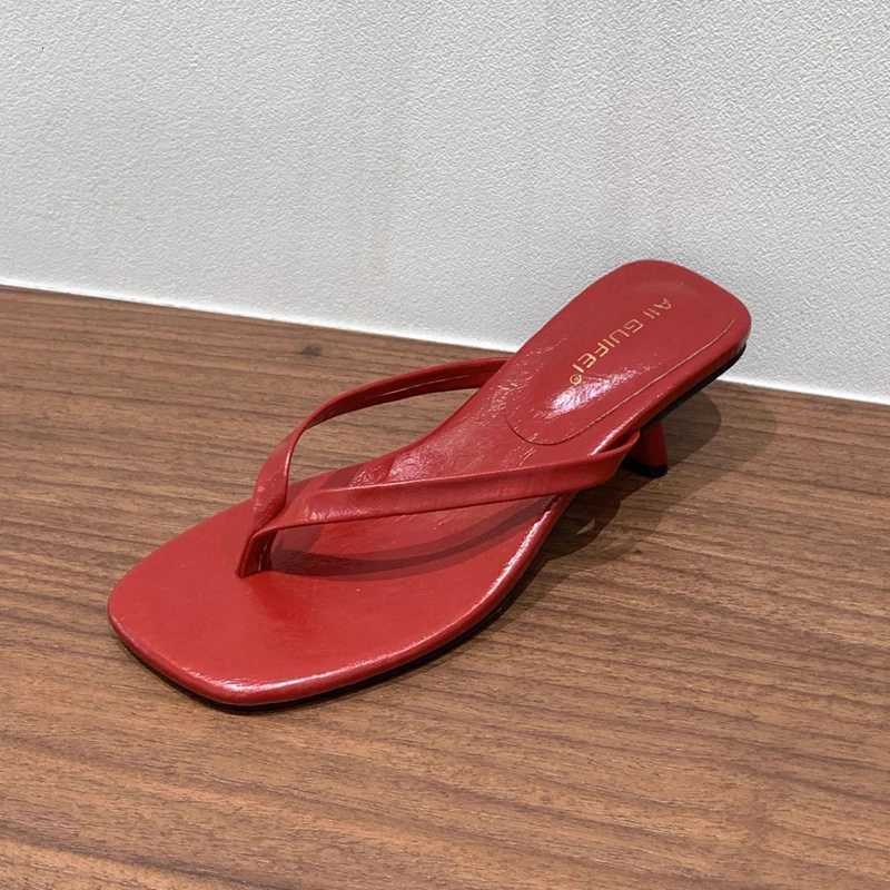 SUOJIALUN 2025 Summer New Women Slipper Fashion Narrow Band Slip On Flip Flop Shoes Square Med Heel Dress Slides Shoes K260312