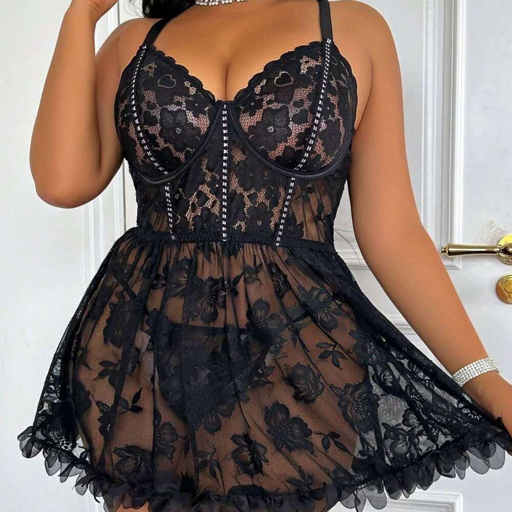 Women Black Lace Sheer Corset Dress with Cross-Back Straps and Floral Embellishments Sexy Nightwear for Party, Date, or Romantic Wear