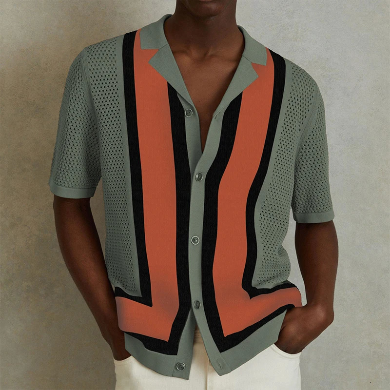 Summer Men Hollowed-out Knitted Polo Shirt Short Sleeve Patchwork Cuban Collar Trendy Cardigan Hawaiian Beach Holiday Knitwear 260311