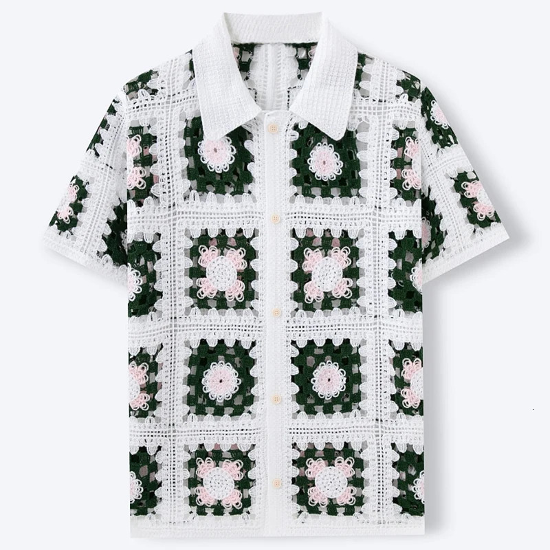Summer Men Knitted Hollow Out Polo Shirt Fashion Short Sleeve Cardigan Tops French Retro Ethnic Premium Crochet Knitting Shirts 260311