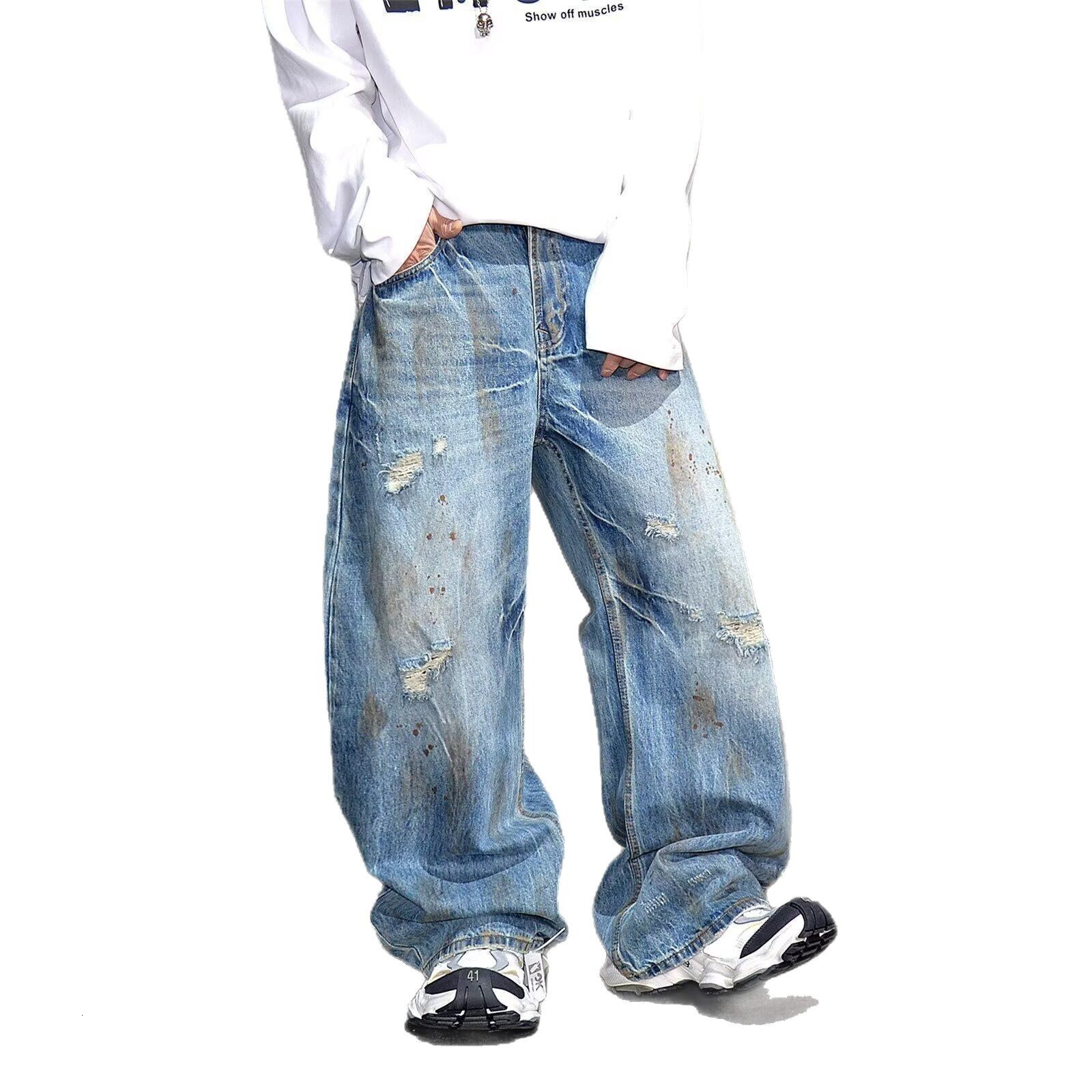 Summer New Trendy Retro High-end Washed Denim Loose Designer Pants Straight-leg Curved-cut Pants For Men