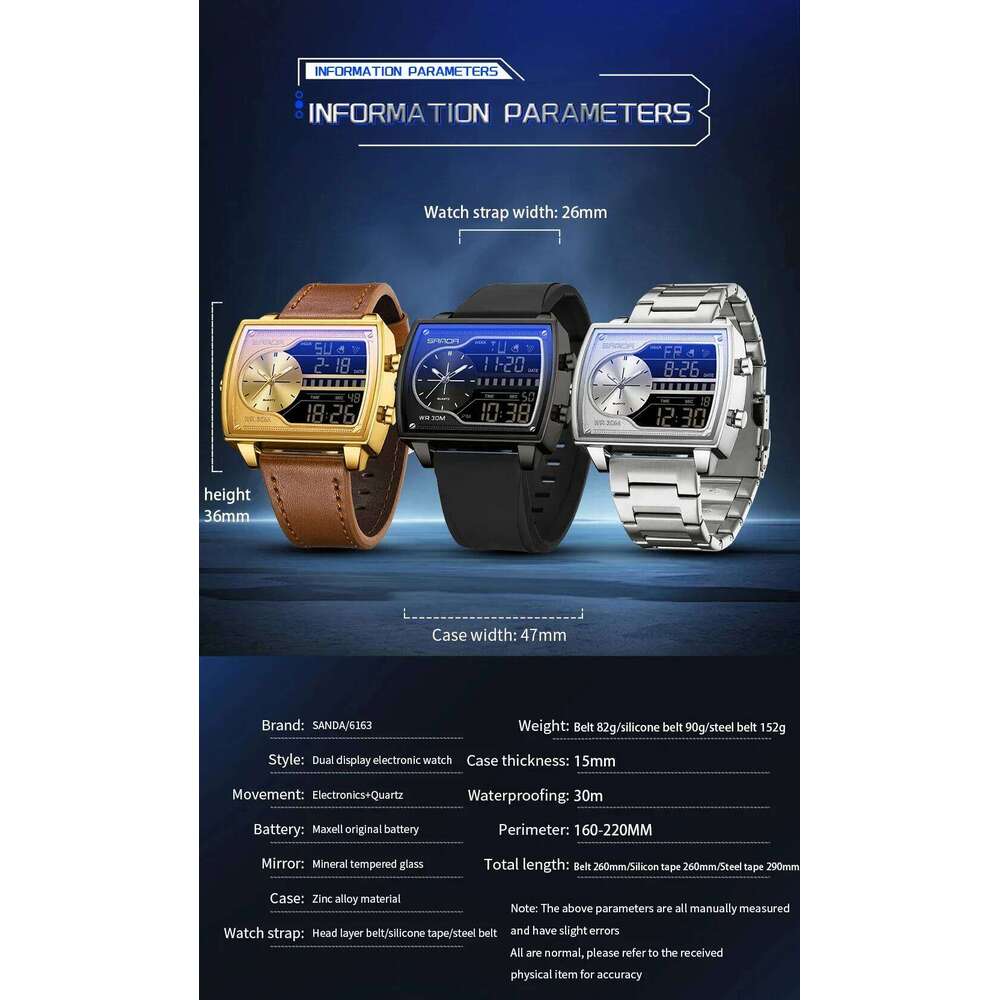 SANDA Top Brand Quartz Fashion Square Watch Men's Countdown Sports Waterproof Dual Display LED Digital Watches