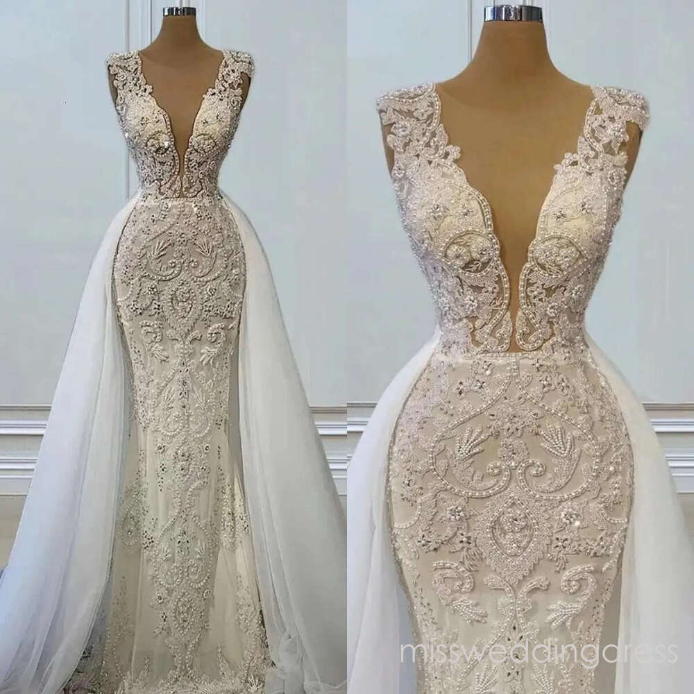Stylish Mermaid Bridal Gowns Deep V Neck with Overskirt Wedding Dress Custom Made Lace Appliques Sleeveless Vestido de novia