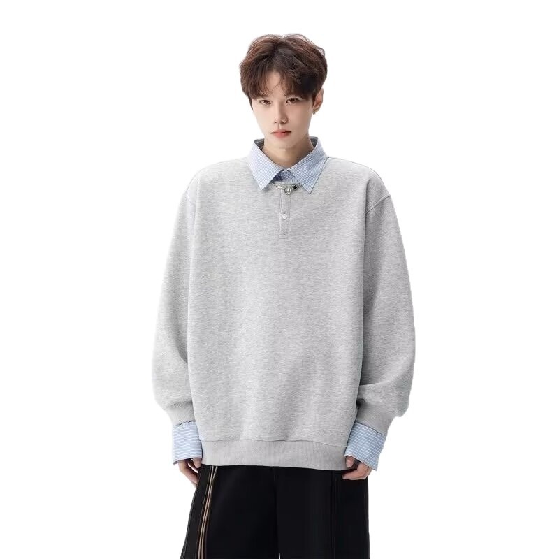 Two-tone Fake Two-piece Sweatshirt With Shirt Collar Unisex Autumn Long-sleeve Stylish Design Designer Hoodie Loose Fit Couple's Style Top
