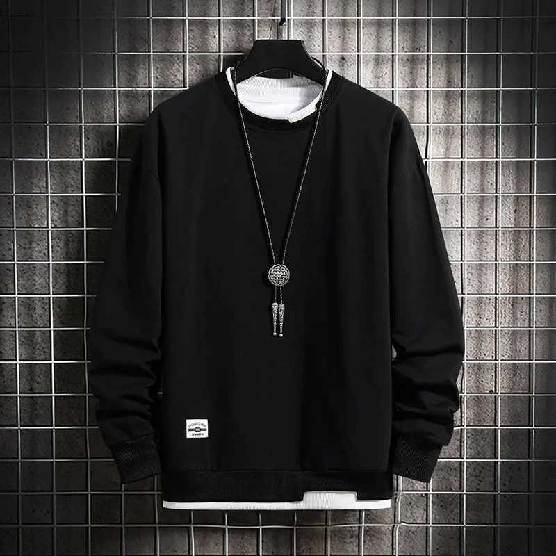 Mens Casual Sweatshirts Hoodie Men Fake Two Pieces Multi Color O-Neck Fashion Harajuku Style Male Sweatshirt 2023 New M260312