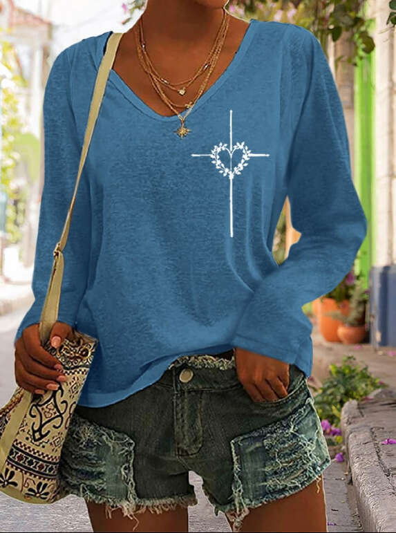 Women's Solid Color Fashion V-neck Long Sleeved T-shirt Ladies Casual Simple T-shirt