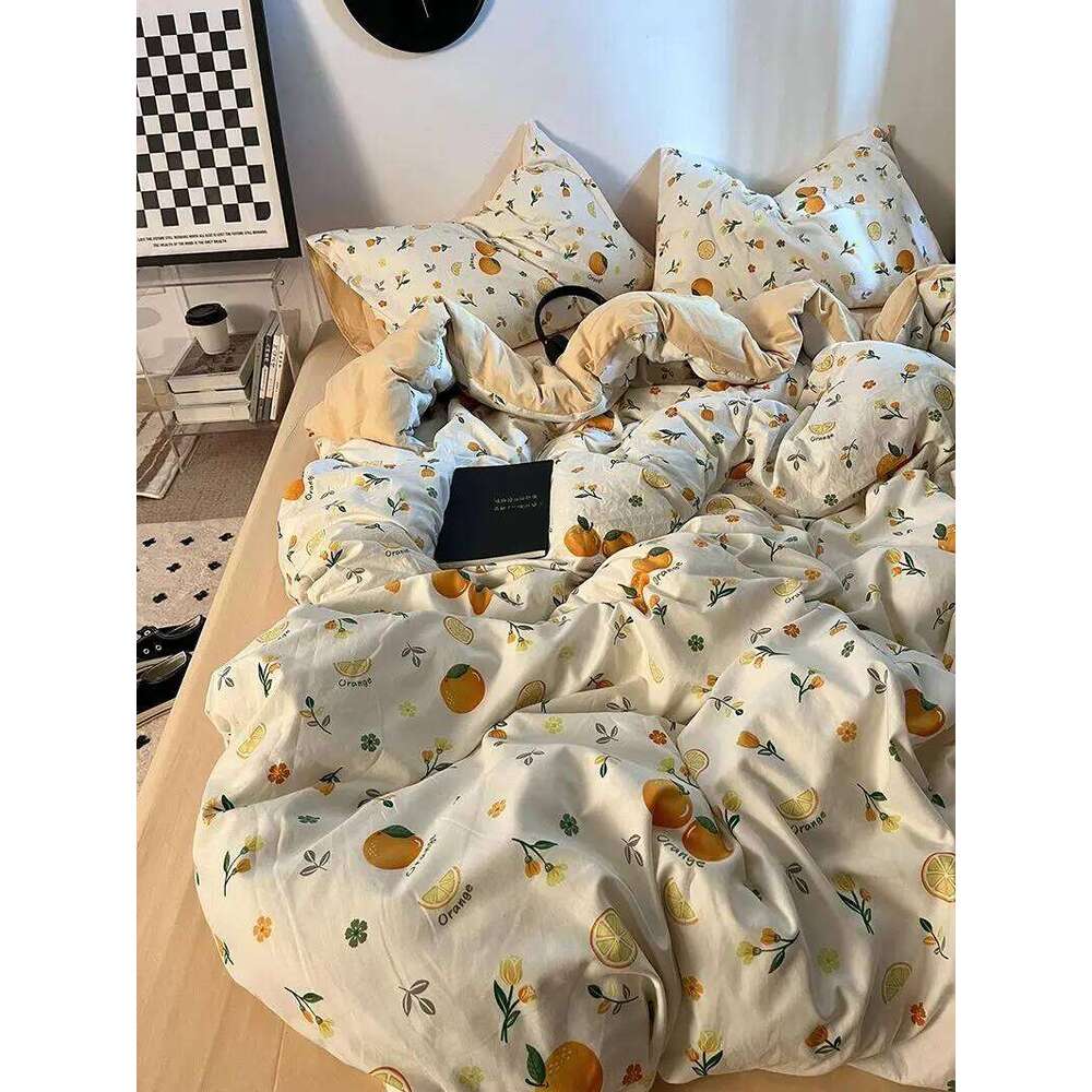 Korean Style Ins Retro Fresh Floral Washed Cotton Four Duvet Set, Student Dormitory Bed Sheet Three Piece Set H260312