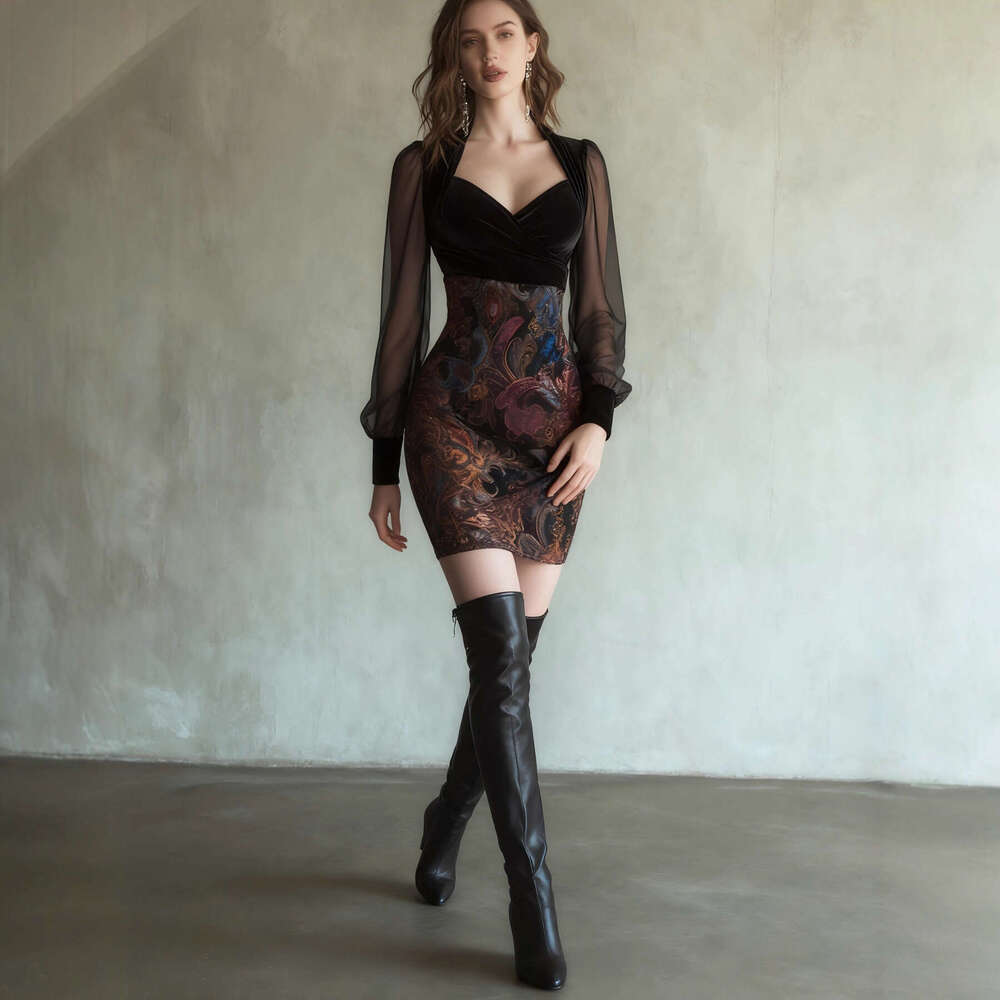 Women Floral Print Mini Dress Elegant Sexy V Neck See-through Mesh Splicing Long Sleeve Bodycon Hip Dress Temperament Dresses