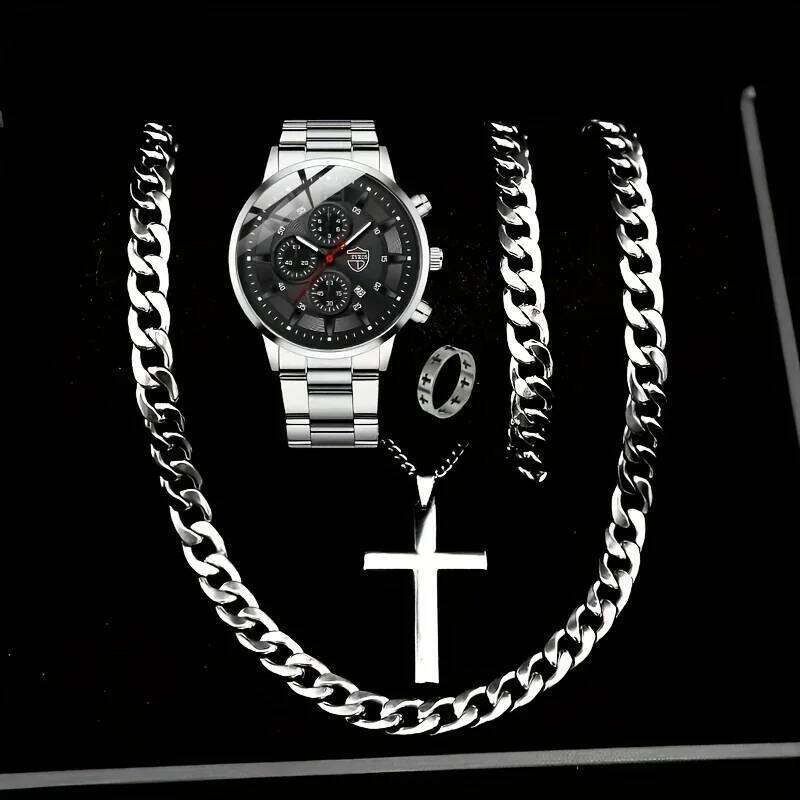 5 Pcs/set Men's Fashion Watch Set, Quartz Wristwatc Hip Hop Cuban Chain Necklace, Bracelet & Ring, Business Style Accessories