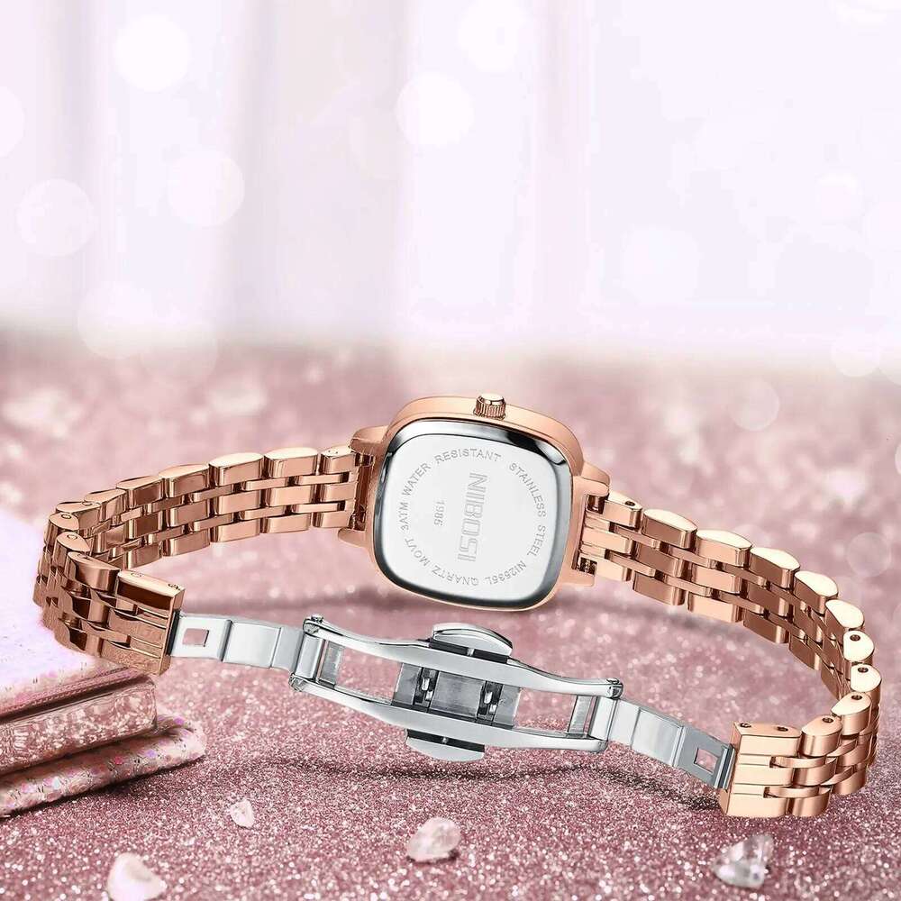 2PCS NIBOSI Women Wristwatches Waterproof Top Brand Ladies Watch Diamond Decor Rectangle Quartz Women's Watches Female Reloj