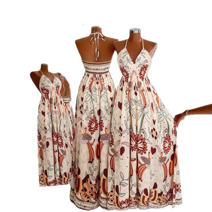 New European American women's fashion dress for commuting, with halter neck, hollow back, and patterned print, available in plus sizes