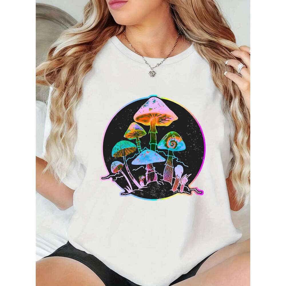 Garden Of Shrooms Prints T-Shirts Women Summer Loose Short Sleeve Tops Comfortable O-Neck T Shirt Basics Soft Womans Clothes Z260312