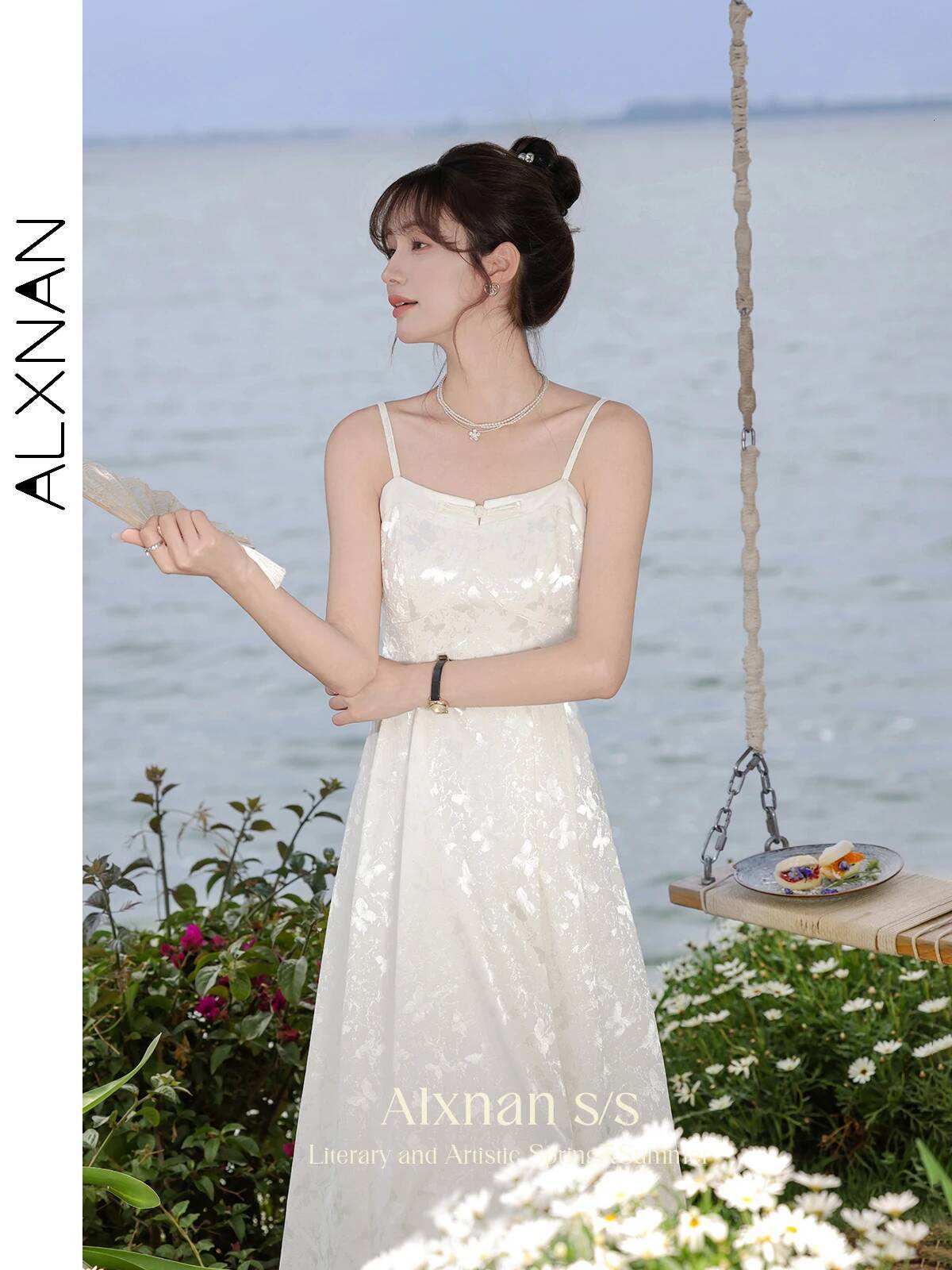 ALXNAN Strap Printed Dresses for Women 2026 Sleeveless A-line Midi Elegant Dress Holiday Beach Fashion Female Clothing L37703