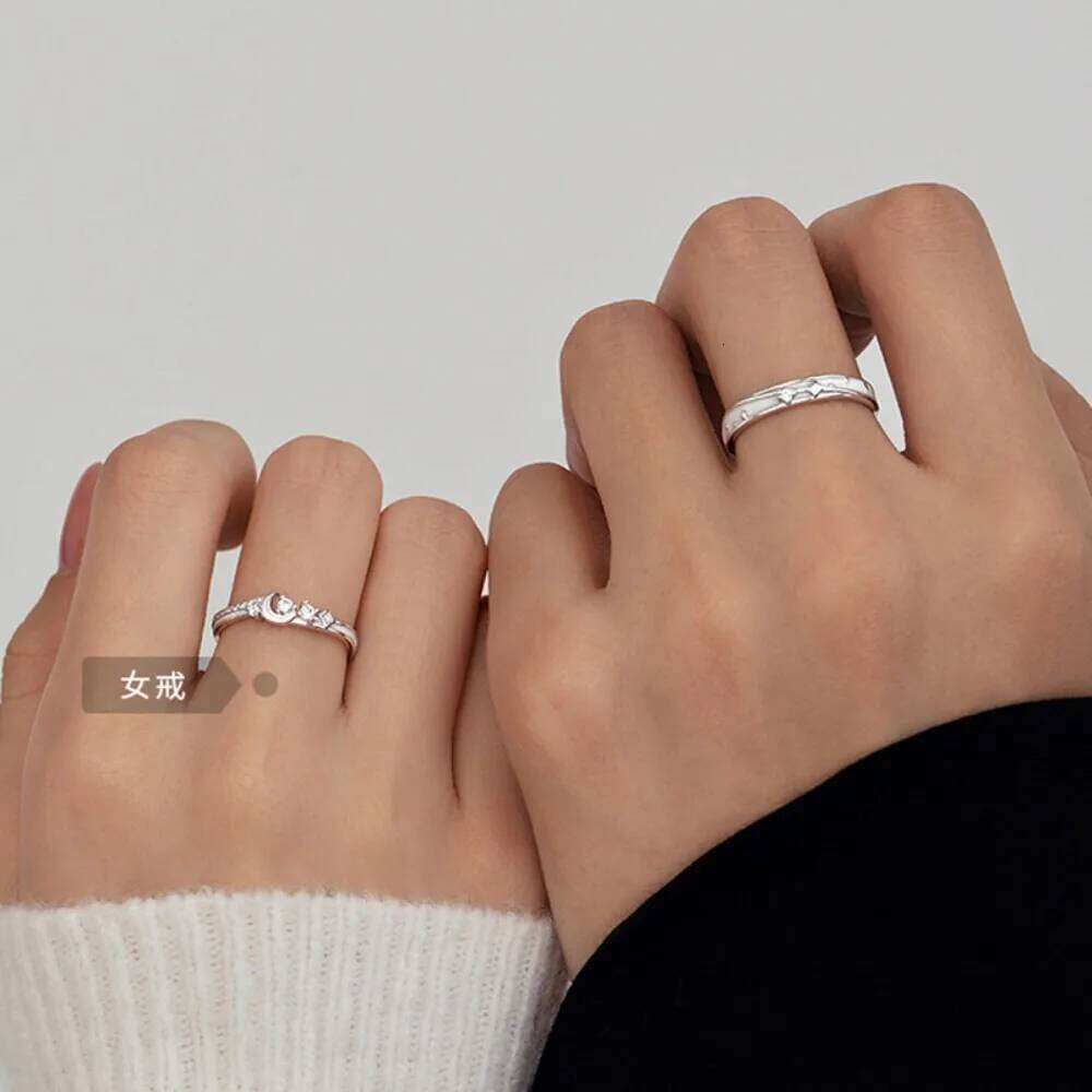 Trendy Charm 925 Sterling Silver Micro-inlay Zircon Star Moon Adjustable Couple Rings for Women Men Valentine's Day Jewelry Gift W260311