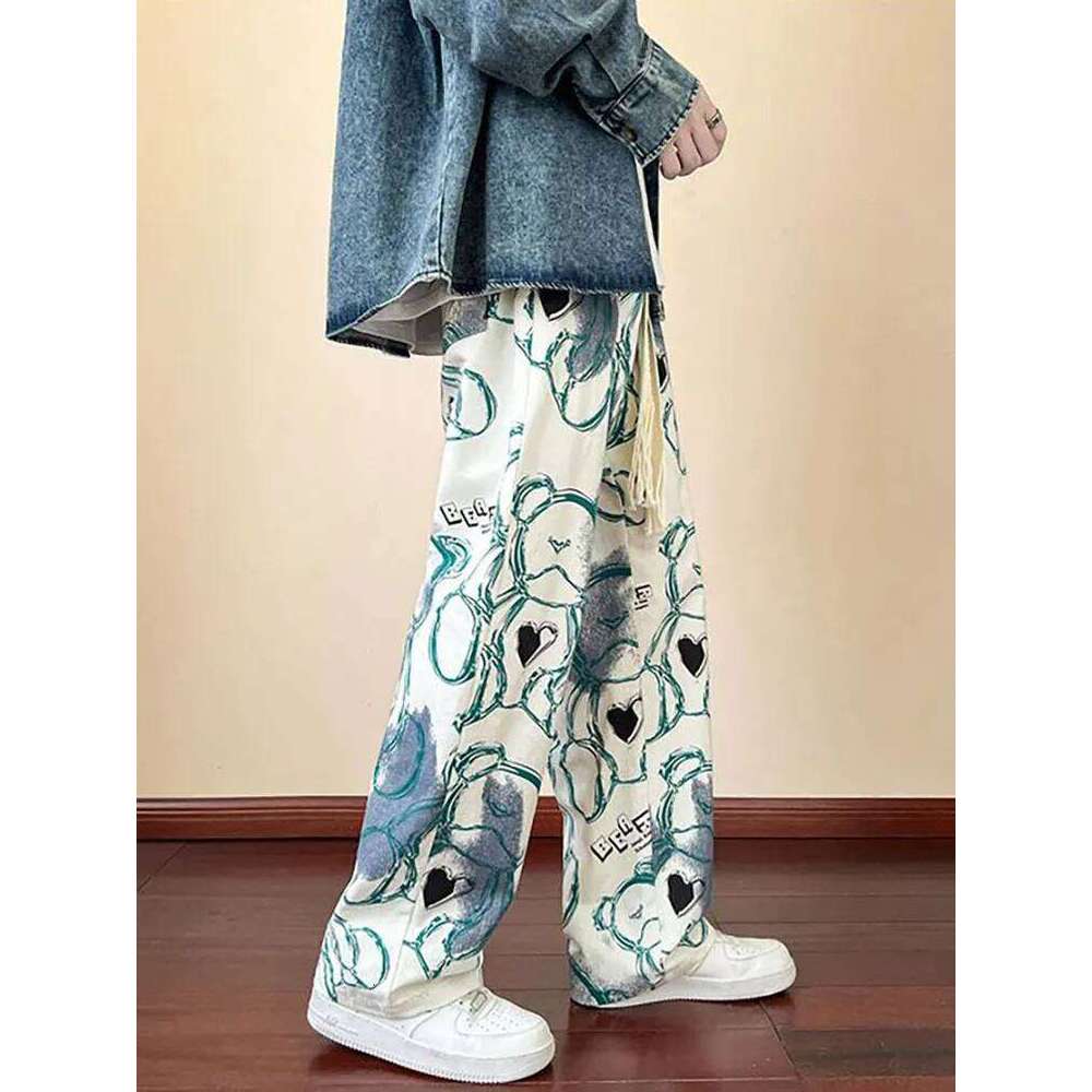 Fashion Y2k Print Wide leg Baggy Pants Men Korean Designer Student Streetwear Straight Long Trousers Casual Sport Hip hop 2023