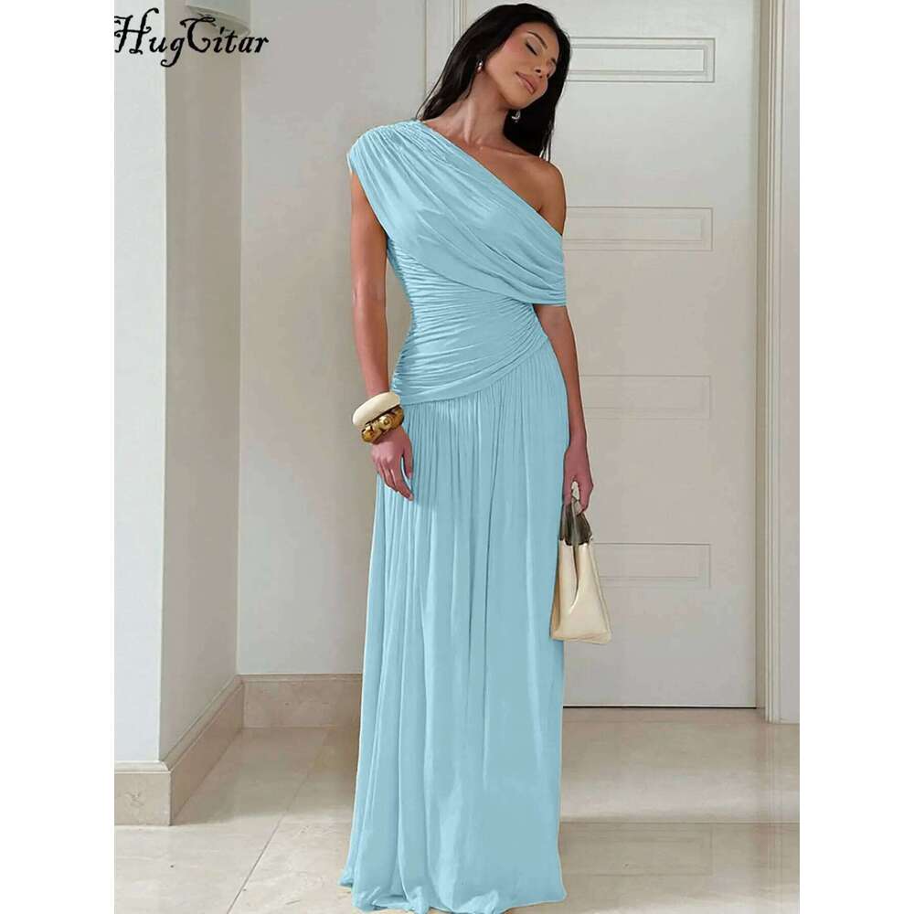 Hugcitar One Shoulder Ruched Sleeveless Solid Pleated Sexy Irregular Y2K Maxi Dress Summer Elegant Party Women Clothes Vacation C260312