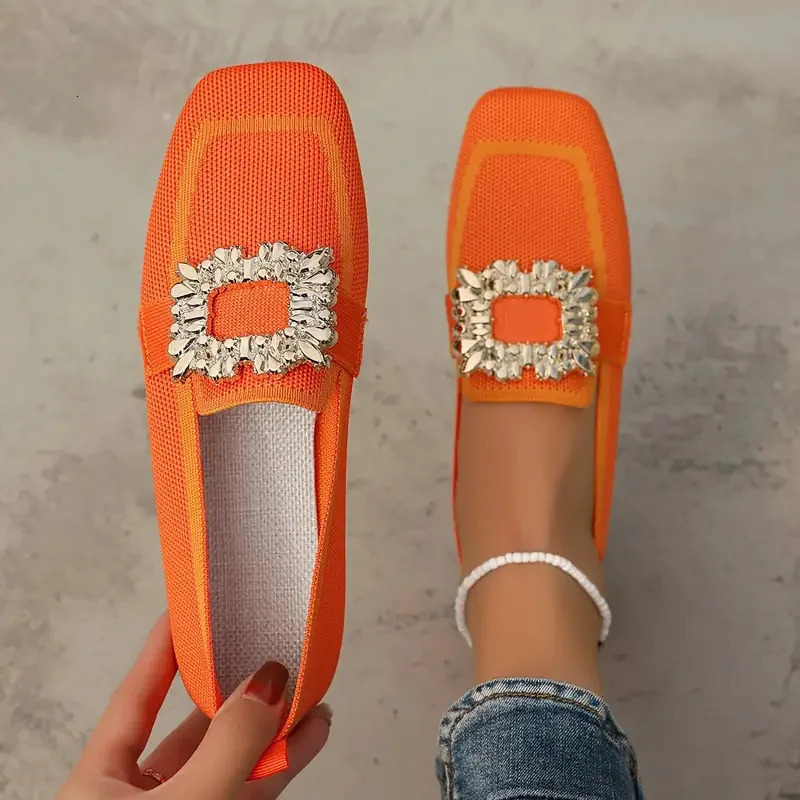Women Flats Spring 2026 Large Size Flat Loafers Shoes Women Knitting Slip-on Square Head Breathable Fashion Shoes for Women 260227