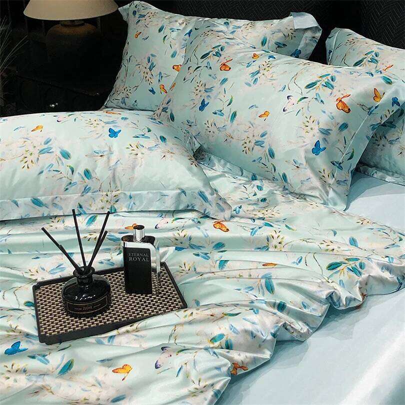 Floral Silk Bedding Set with Duvet Cover Bed Sheet Pillowcase Couple Single Double King Queen Soft Bedsheet Nordic Smooth H260312