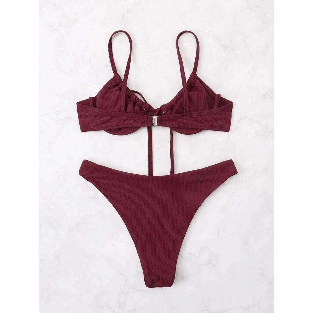 2025 Push Up Bikini Women Rib Tie Front Swimsuit Sexy Underwire Swimwear Female Bathers Bathing Swimming Suit Summer Beachwear Y260303