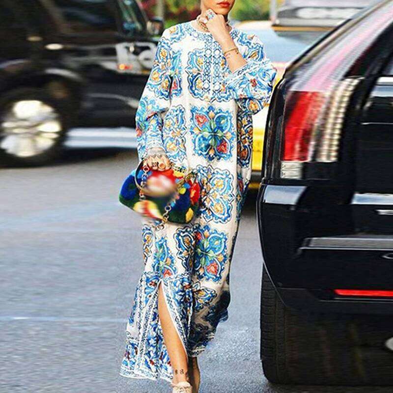 Vintage Pattern Printed High Waist Women S New Long Sleeved Loose Bohemian Dress Casual Side Split Robe Beach Dresses MAKOUFEI