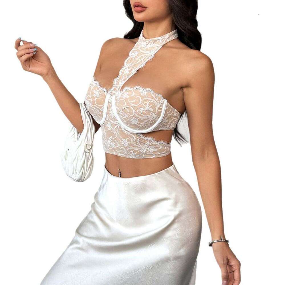 European American ins-style sexy halter-neck lace trim strapless top with summer design, featuring a backless design and underwire straps, model 71096
