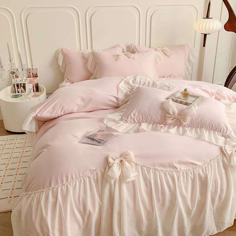 Korean Princess Style Bedding Girl Heart Solid Color Double Sheets Washed Cotton Ruffled Bed Cover Sheet Quilt Set H260312