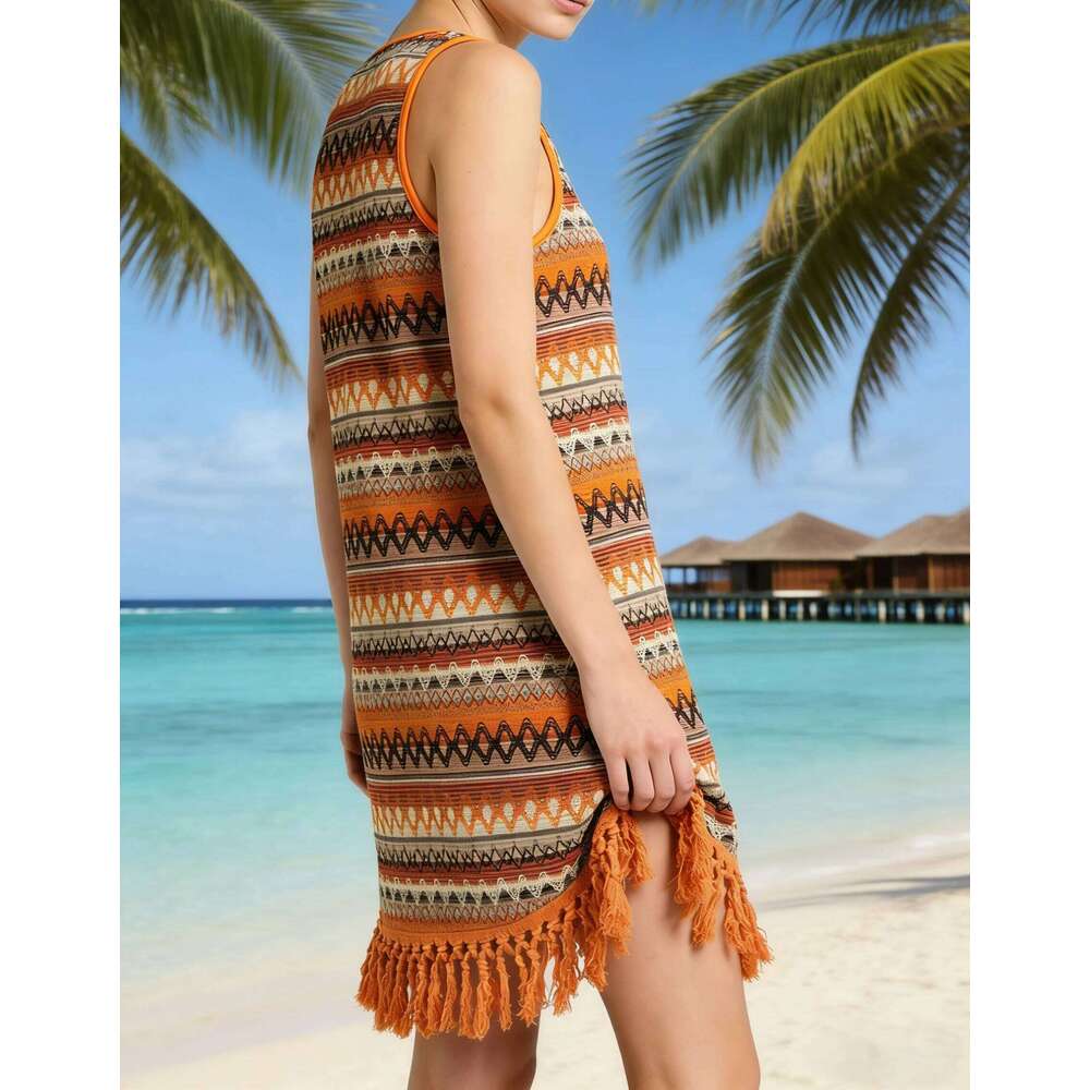 Retro Geometric Sleeveless Tank EU/US Style Orange-Brown Fringe Hem Knit | Summer Beach Casual Mini Dress C260312