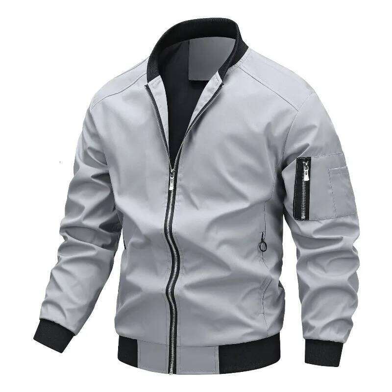 Men's Stand Collar Up Bomber Jacket with Multiple Zip Pockets Functional Casual Windbreaker for Daily and Outdoor Wear 26H0311