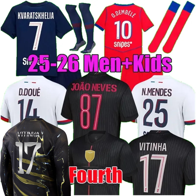 KVARATSKHELIA O.DEMBELE JOAO NEVES 25 26 soccer jerseys FABIAN D.DOUE ZABARNYI football 2025 2026 HAKIMI N.MENDES BARCOLA PACHO jersey PSGES men kids sets enfants