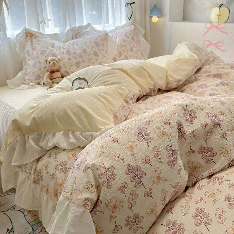 1.5/1.8 Korean Style 100% Cotton Fitted Sheet Sets with Lace Flower Print Bedding Set Seasons Home Bedclothes for Adult Kids H260312