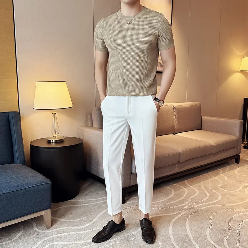Summer Breathable T-Shirts For Men Korean Clothing O-Neck Short Sleeve Knitted Mens T Shirt Fashion Hollow TopsTees 3XL 260311