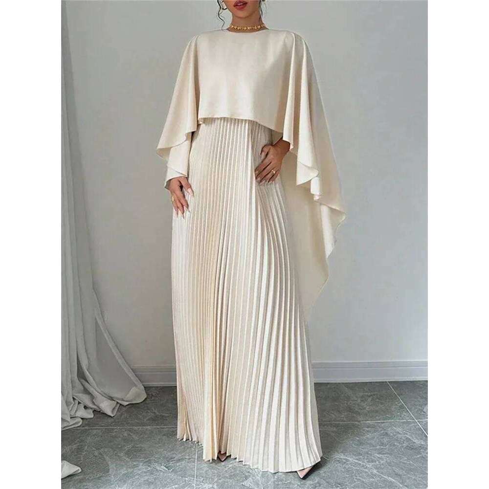 Spring Summer Elegant Crew Neck Pleated Dresses Women Casual Solid Loose Long Cloak Sleeves Ruffle Maxi Dress Vestidos C260312