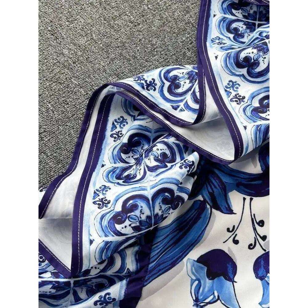 Summer Long Dress Women Runway Blue And White Porcelain Asymmetry Sexy Off The Shoulder Ruffles Hem Loose Robe Maxi Vestidos C260312