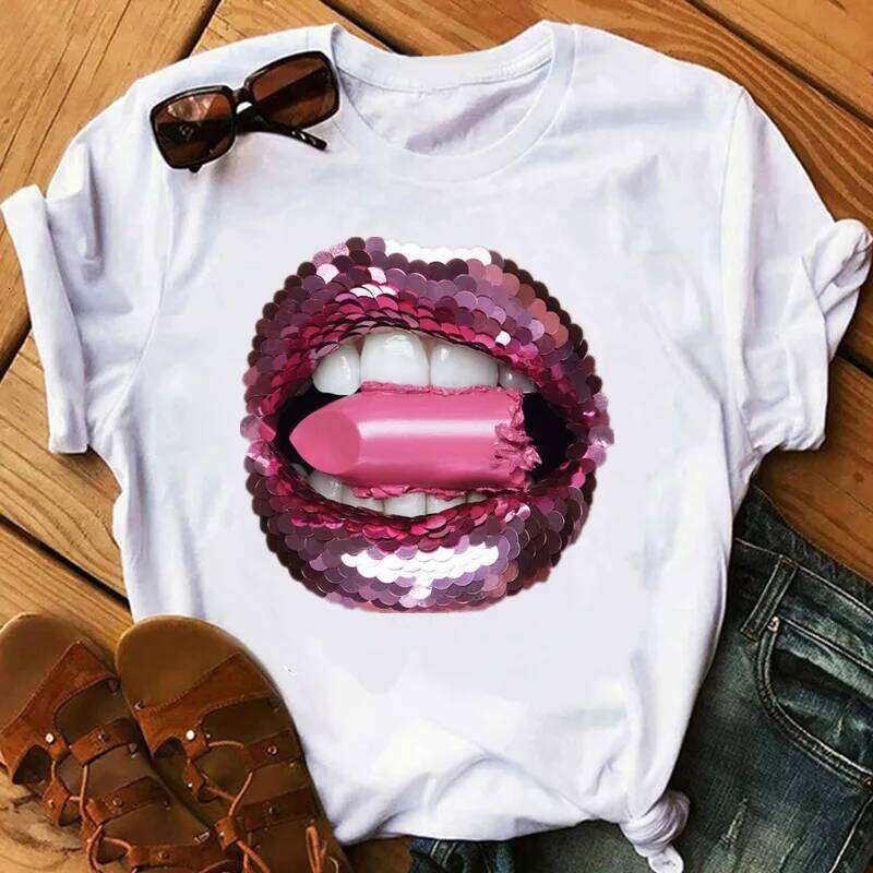 Sequins Shiny Lip Print T Short Sleeve O Neck Loose Women Tshirt Ladies Tee Shirt Tops Clothes Camisetas Mujer Z260312