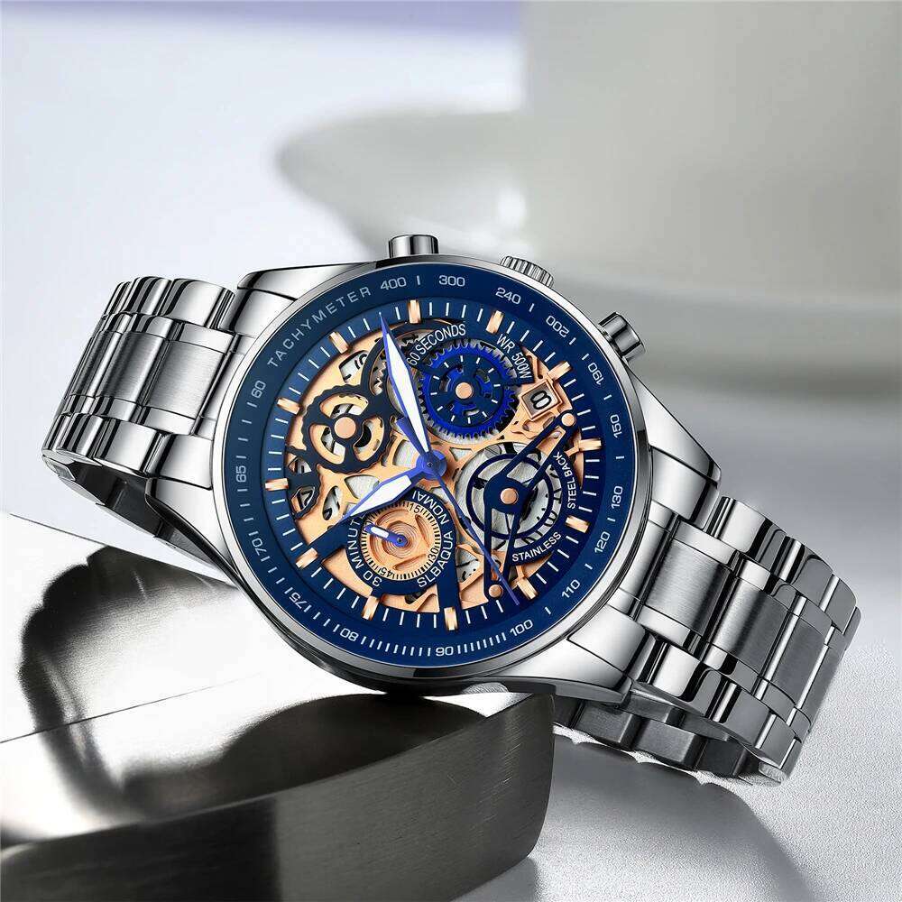NIBOSI Skeleton Top Brand Luxury Waterproof Quartz Watches Business Chronograph Wrist Watch Men Relogio Masculino