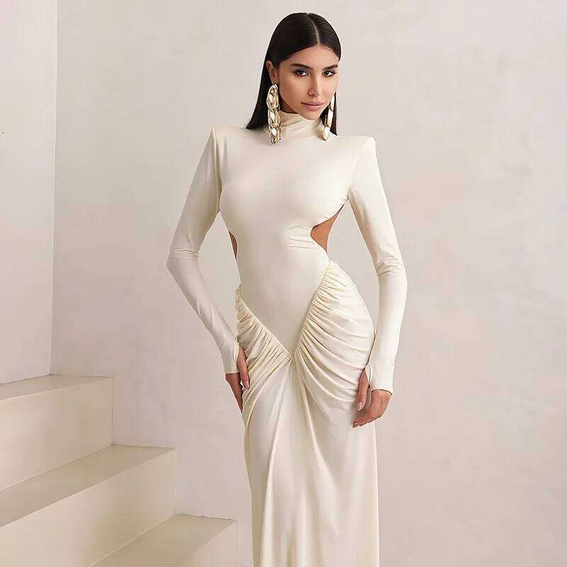 TARUXY Sexy Backless For Women Turtleneck Evening Party Ruched Elegant Solid Long Sleeve Streetwear Maxi Dress C260311
