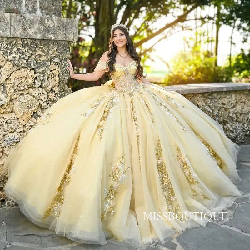 Yellow Shiny Princess Sweet 16 Dress Quinceanera Dresses Sequin Applique Lace Beading Corset Tull Party Birthday Vestidos 15 Anos N06 B0312