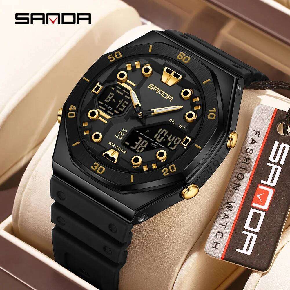 SANDA 6306 Fashion Men's Electronic Dual Display Multifunctional Night Light Alarm Clock Waterproof Cool Unisex Watch 2026