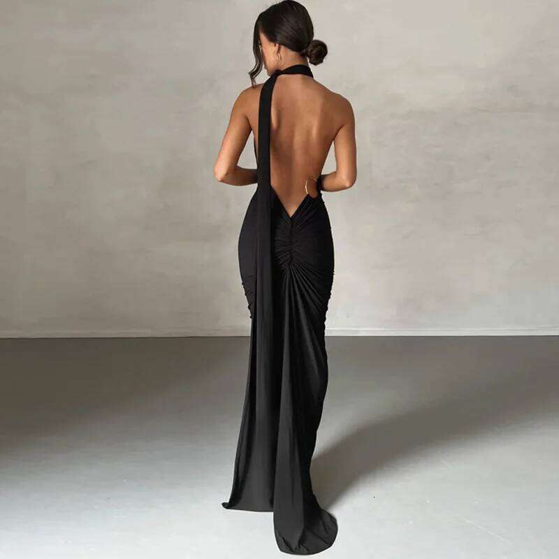 Dulzura One Shoulder Backless Ruched Slim Ribbon Long Women Solid Sexy Elegant Dress Evening Party Club Prom Summer Outfit C260312