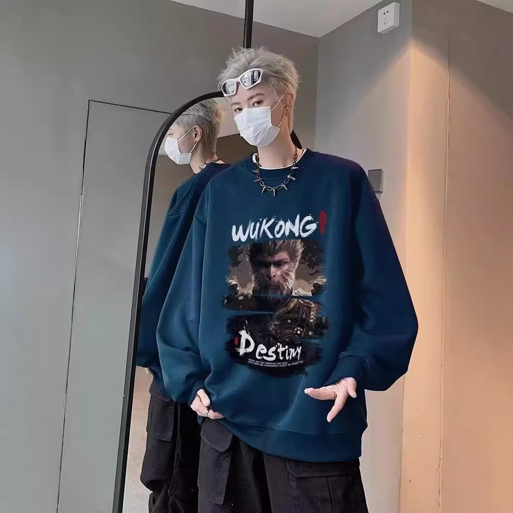 New Autumn Model Black Myth: Designer Hoodie Wukong Printed Crew Neck Sweatshirt For Men Style Burgundy Heavy Long-sleeve Base Shirt