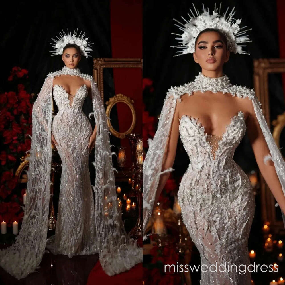Exquisite Feather Wedding Dresses Pearls Mermaid Bridal Gowns See Through Sleeveless Appliques Illusion Custom Made Vestidos De Novia