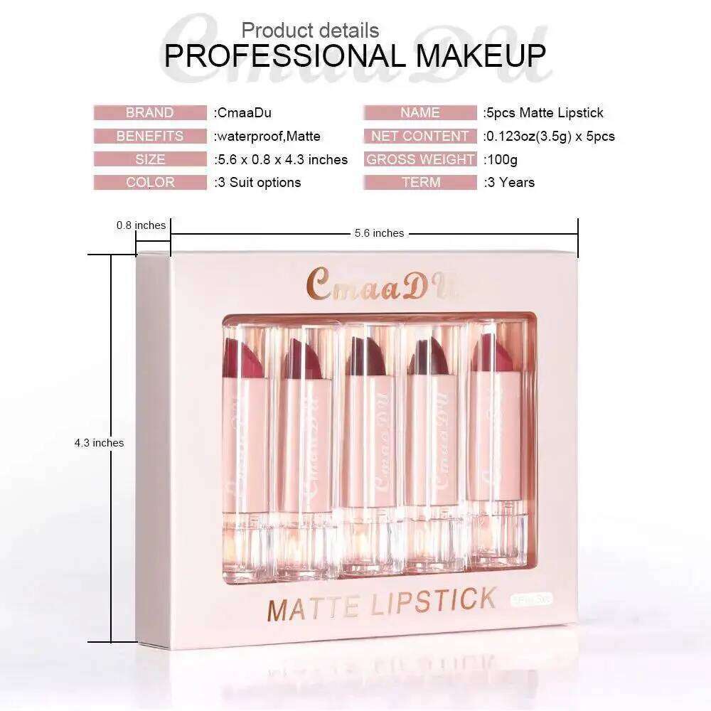 Velvet Matte Lipstick Set 5pcs Long Lasting Waterproof Red Nude Lipsticks Non Stick Cup Makeup Cosmetics Collection W260311
