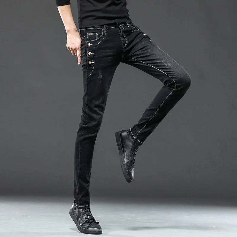 Classic Slim Vintage Men's Designer Jeans Snowflake Grey Wash Korean Fashion Stretch Pants Multi-button Denim Trousers 26Y0312