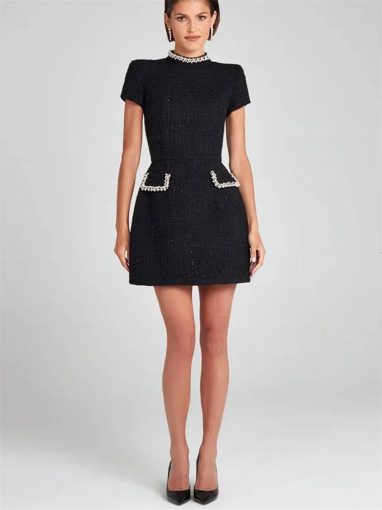 Tosssy Shiny Elegant Female MIni Pocket Short Sleeve Patchwork Fashion Slim Party Gown Women's Glitter Vntage Dress