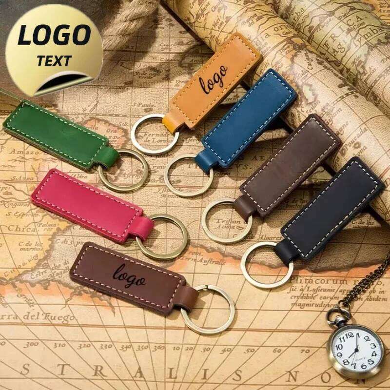 Custom Retro Cowhide LOGO Keychain Blank Leather Personalize Name Ring Key Chains for Men and Women Engrave Keyring Hotel Gift