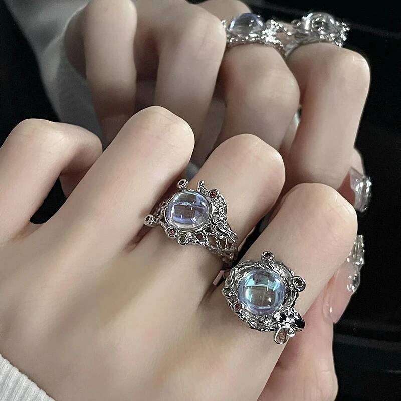 Kpop 90s Grunge Aesthetic Irregular Liquid Metal Heart Moonstone Open Ring For Women Vintage Jewelry EMO Y2K Accessories H260312