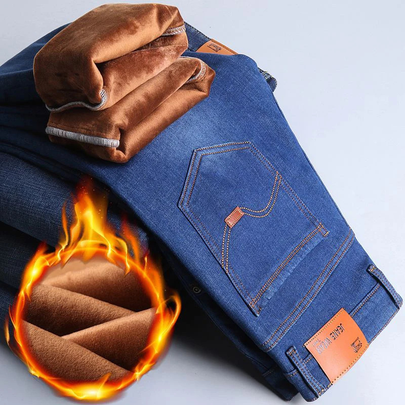 Men Fashion Winter Warm Jeans Male Fleece Lined Thickened Denim Pants Loose Straight Comfortable Casual Black Blue Trousers 260228