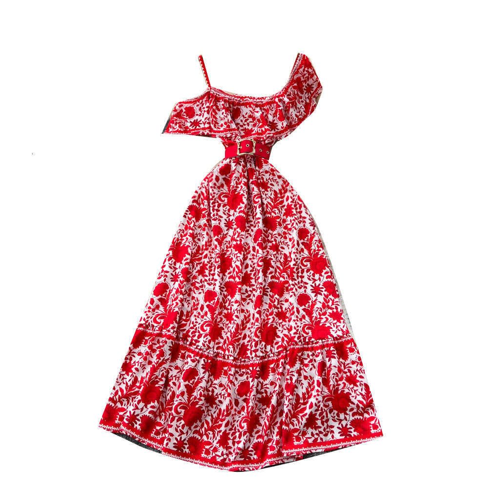 Designer French Exquisite Design Single Shoulder Strap a23 Ruffle Tie Printed Women's Dress Elegant and Fashionable