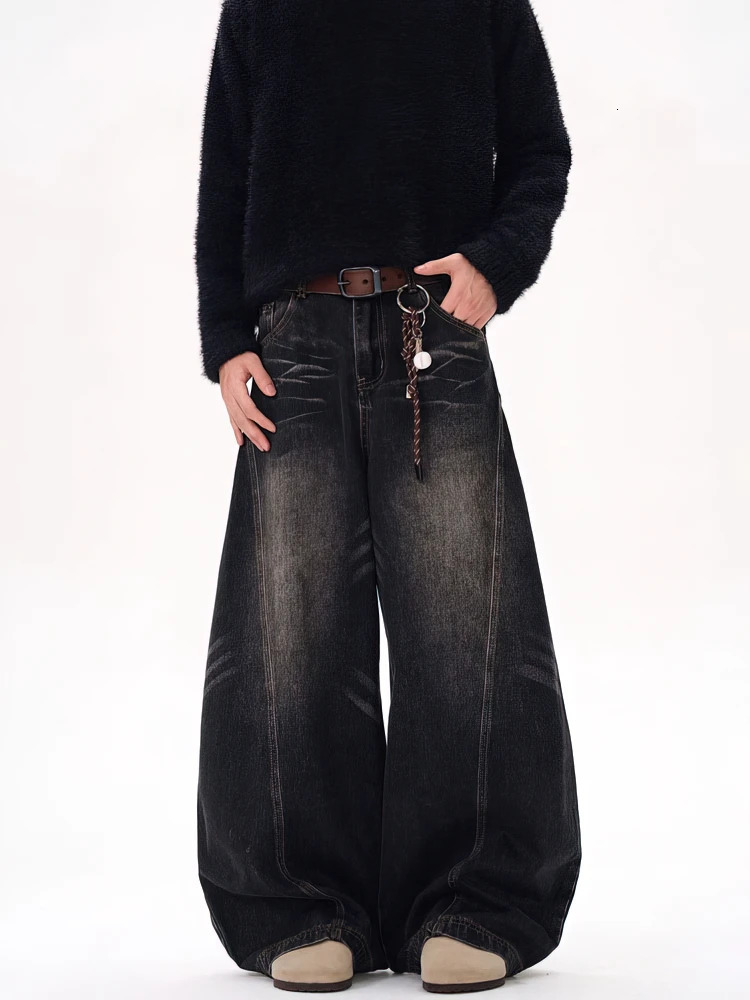 Vintage Black Washed Baggy Jeans Pants Men Wide leg Curved Blade Pants Streetwear Cowboy Casual Denim Straight Trousers 260310