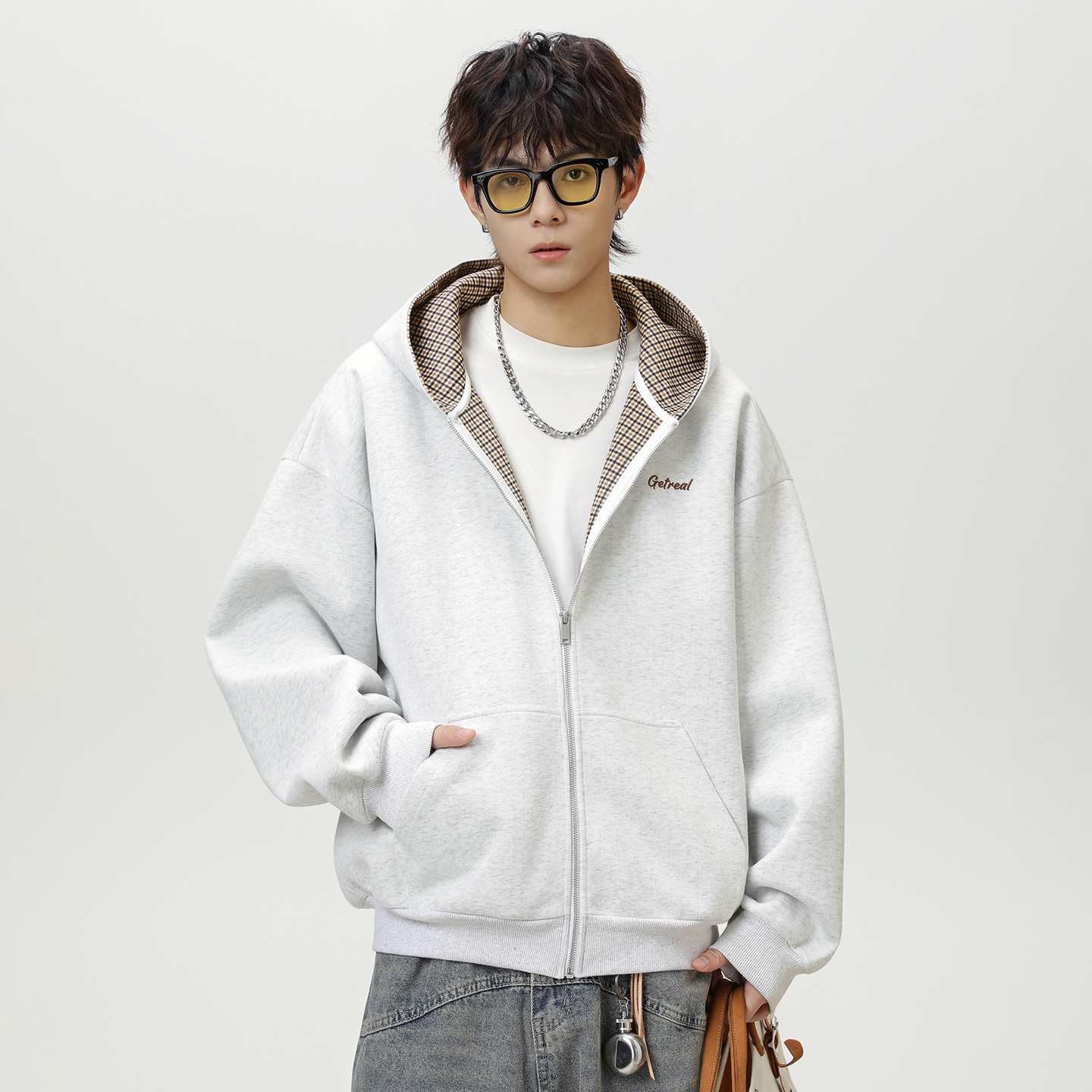 Houndstooth Color-block Lined Hooded Sweatshirt For Men Heavyweight Retro Short Wide Trendy Brand Designer Hoodie Zipper Cardigan Jacket For Autumn